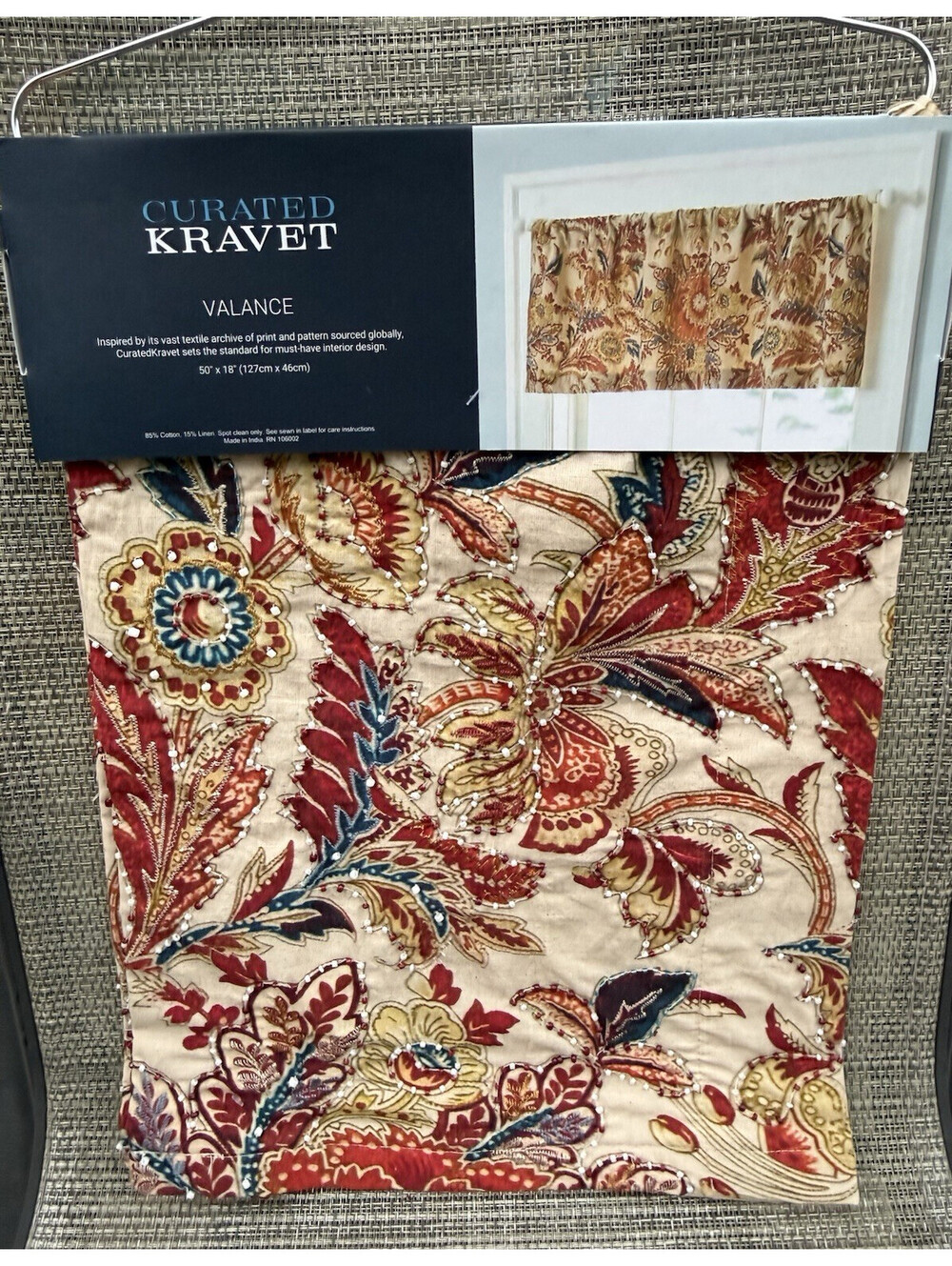 Curated Kravet Cotton Embroidered Beaded Jacobean Floral Valance 50"x 18" One